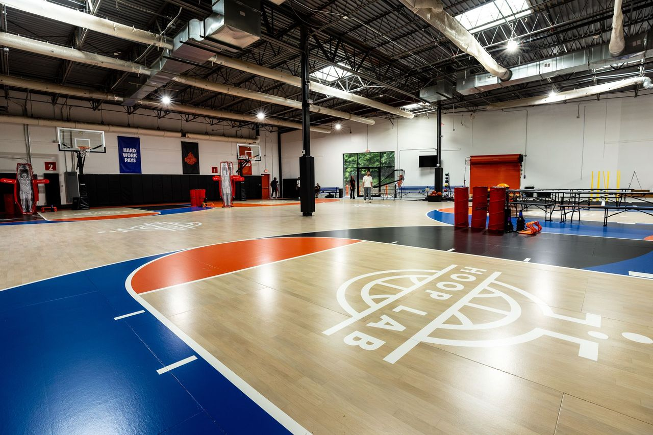 Inside Hoop Lab's flagship gym in Commack — 6 mini-courts, a full court, and a dedicated turf