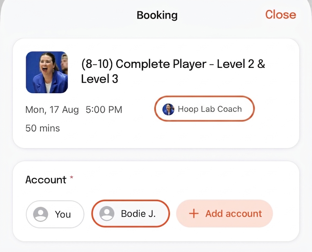 Momence booking screen showing the Account selector with a child account selected instead of the parent account